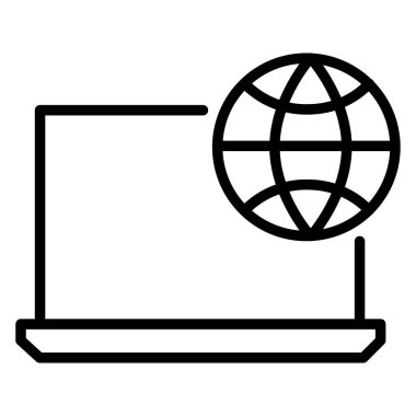 Vektör grafikleri. SEO pazarlama, analitik, reklam, iş ikonu. Doğrusal simge, simge: küreselleşme, dijitalleştirme. Doğrusal dizüstü bilgisayar, gezegen ana hatları simgesi.