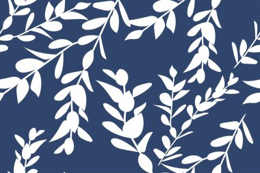 Vektör. Kusursuz desenler. Beyaz yapraklar, dallar, el çizimi, mavi arka plan. Baskı, sosyal medya, afişler, davetiyeler, şirket tasarımları, kapaklar, broşürler için tasarım baskıları.