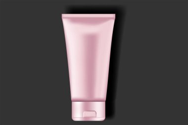 Vektör çizimi. İlaç veya kozmetik ürünleri için pembe parlak plastik tüp: kız, merhem, krem, cilt bakımı, diş macunu, losyon. Gerçekçi ambalaj şablonu oluşturur. Yan görünüm, tam yüz, yakın plan..