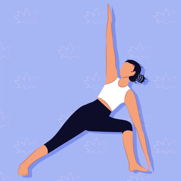 Vektör. İnce vücutlu bir çizgi film kızı yoga yapıyor. Diz bükme üçgeni pozisyonu. Tribün geniş, yana yatık, diz çökmüş. Uttita Parsvakonasana. Spor aktiviteleri.