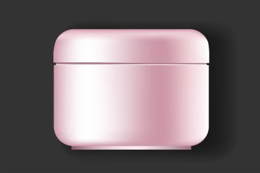 Vektör çizimi. İlaç veya kozmetik için pembe parlak plastik tüp: galon, merhem, krem, cilt bakımı, fırça, maske. Gerçekçi ambalaj şablonu oluşturur. Yan görünüm, tam yüz, yakın plan..