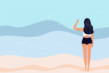 Düz bir şekilde vektör illüstrasyonu. Sahilde bikinili ince bir kız. Su ekstrem sporları, seyahat, yaz tatili konsepti, turizm, yaz tatili, sağlıklı yaşam tarzı.