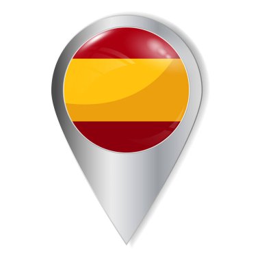 Vektör. Işıklı ve gölgeli bir düğme. Coğrafi konum simgesi. Ülkenin vatanseverliği, İspanya 'nın kırmızı ve sarı bayrağı arması olmadan. Arayüz elemanı. Bir dizi hatıra ülkesi..