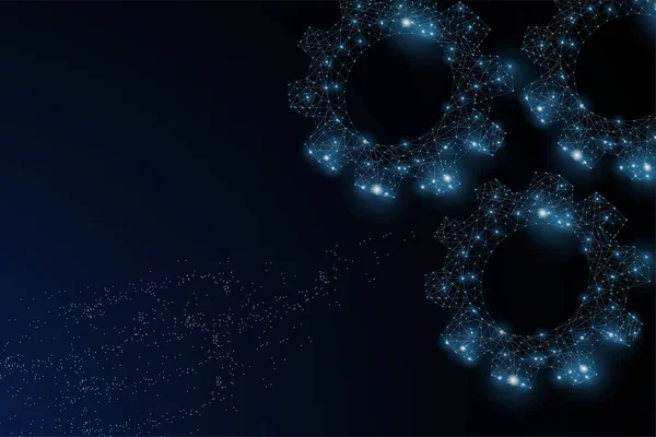 Vektör. Hologram. Çokgenlerden, üçgenlerden, noktalardan ve çizgilerden yapılmış dişliler. Dijital dişli çerçeve. Fütürist çark. Yüksek teknoloji mühendisliği, dijital haberleşme teknolojisi kavramı.