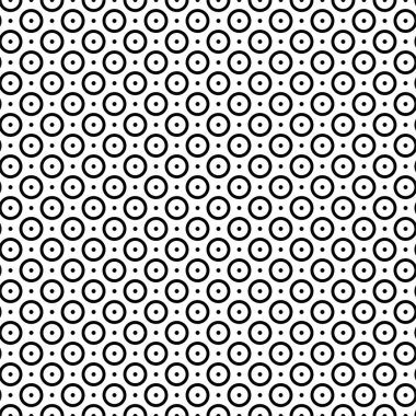 Vektör çizimi. Geometrik dikişsiz desen. Katı noktalar ve eşkenar dörtgen şeklinde daireler. Siyah beyaz bir zemin. Basit siyah ve beyaz soyut desen.