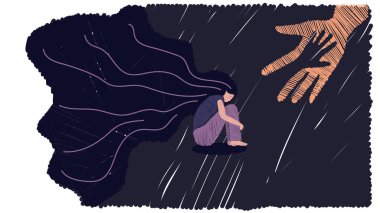 Vektör grafikleri. İnsan eli depresyondaki kıza yardım eder. Yalnız bir kadın dizlerine sarılıp saçlarını sallıyor. Üzüntü, yalnızlık, üzüntü, depresyon kavramı. Düz çizgi, çizgi film kadını..