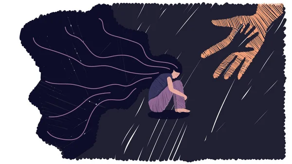 Vektör grafikleri. İnsan eli depresyondaki kıza yardım eder. Yalnız bir kadın dizlerine sarılıp saçlarını sallıyor. Üzüntü, yalnızlık, üzüntü, depresyon kavramı. Düz çizgi, çizgi film kadını..