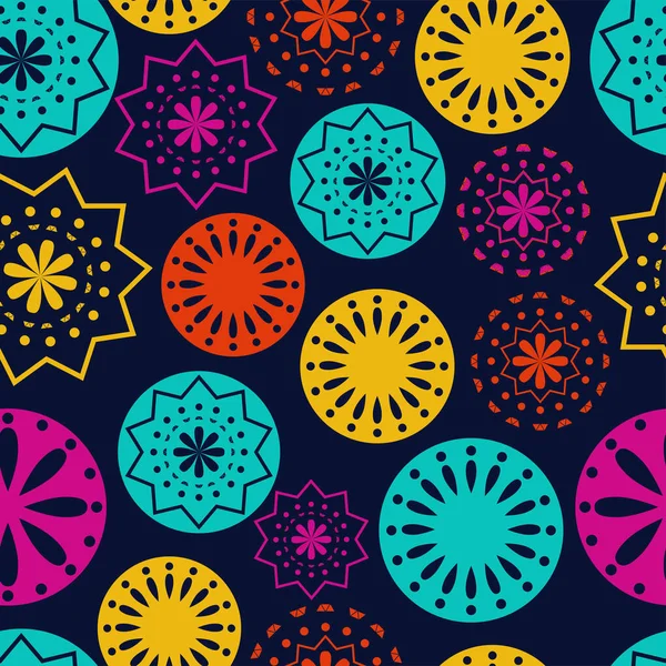 Vektör. Renkli bir arka planda Papel Picado deseni delinmiş. Hispanik Miras Ayı. Web pankartı, poster, kapak, sıçrama, sosyal ağ için çokgen kusursuz desen.