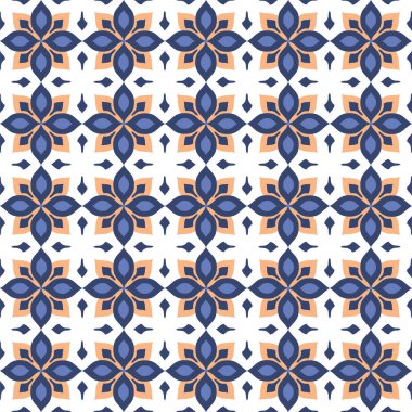 Vektör. Yama işi tarzında kusursuz Akdeniz geometrik deseni. Talavera şablonu. Portekiz Azulejo 'su. Türk dekorasyonu. Fas mozaiği. İspanyol porseleni. Seramik yemekler, folklor süsü. Mavi.
