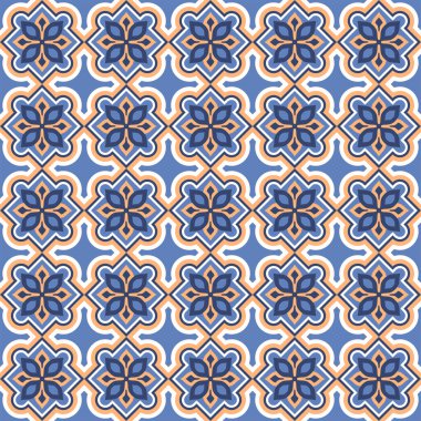 Vektör. Yama işi tarzında kusursuz Akdeniz geometrik deseni. Talavera şablonu. Portekiz Azulejo 'su. Türk dekorasyonu. Fas mozaiği. İspanyol porseleni. Seramik yemekler, folklor süsü. Mavi.