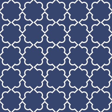 Vektör. Yama işi tarzında kusursuz Akdeniz geometrik deseni. Talavera şablonu. Portekiz Azulejo 'su. Türk dekorasyonu. Fas mozaiği. İspanyol porseleni. Seramik yemekler, folklor süsü. Mavi.