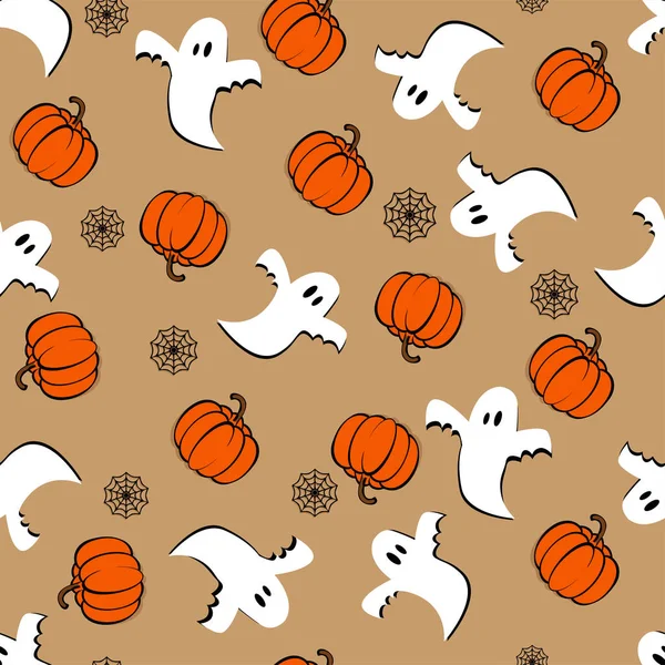 Vector Halloween Seamless Pattern Ghost Spider Web Orange Pumpkins Shadow — Stock Vector