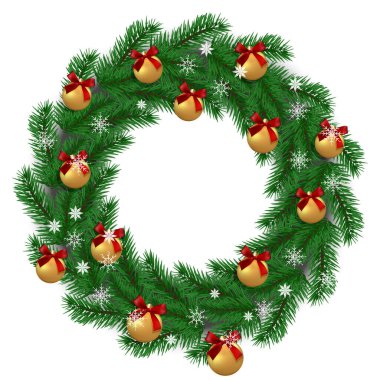 Vektör. Noel ve Yeni Yıl kartı. Noel çelengi, köknar dallarından oluşur. Noel süsleri, toplar, saten kırmızı fiyonklar, kar taneleri....