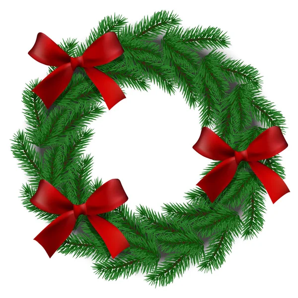 Vektör. Noel ve Yeni Yıl kartı. Noel çelengi, köknar dallarından oluşur. Noel süsleri, toplar, saten kırmızı kurdeleler....