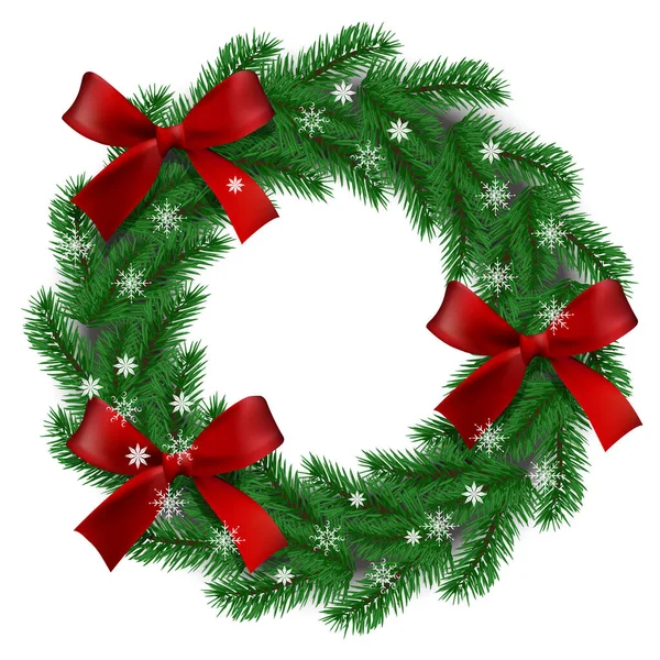 벡터입니다 크리스마스 화환은 전나무 가지로 구성되어 새틴붉은 눈송이로 단장함 — 스톡 벡터