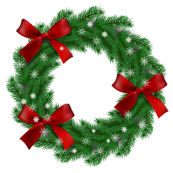 Vektör. Noel ve Yeni Yıl kartı. Noel çelengi, köknar dallarından oluşur. Saten kırmızısı fiyonklu çelenk, kar tanesi.