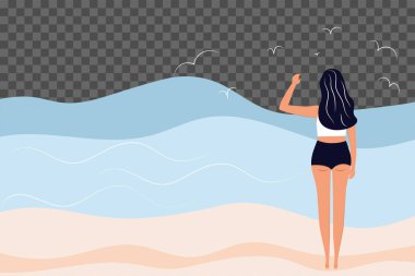 Düz bir şekilde vektör illüstrasyonu. Sahilde bikinili ince bir kız. Su ekstrem sporları, seyahat, yaz tatili konsepti, turizm, yaz tatili, sağlıklı yaşam tarzı.