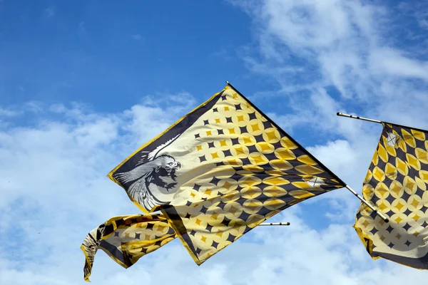 Festival italien traditionnel avec lanceurs de drapeau.Drapeaux sur le blu — Photo