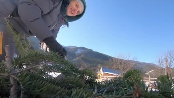 Чоловік вибирає і збирає ялинку в засніженій зимовій горі — стокове відео