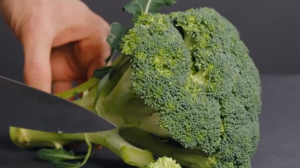 Verse broccoli groente snijden — Stockvideo