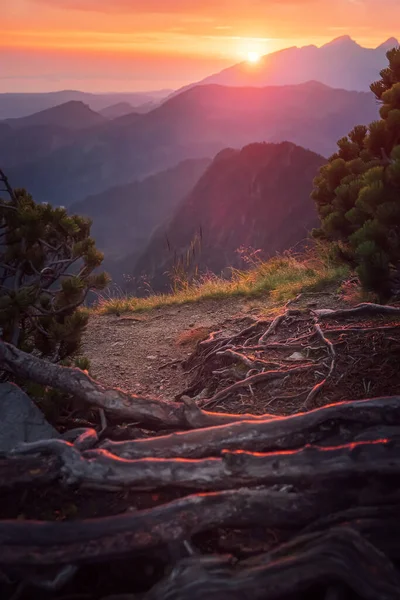 Pôr do sol dourado com raios de sol em grande paisagem montanhosa Fotos De Bancos De Imagens