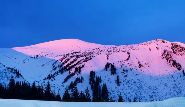 Impressionante alba nelle montagne invernali con cime bianche come la neve. — Foto Stock