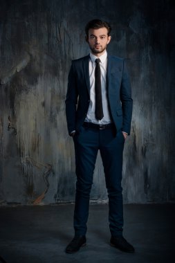 Mavi elbiseli ciddi bir işadamı portresi 