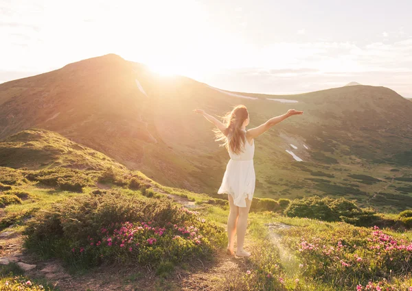 Mulher feliz apreciando a natureza nas montanhas — Fotografia de Stock