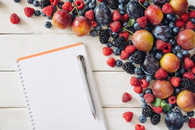 Karışık meyve ve üstten görünüm malzemelerle alışveriş listesi