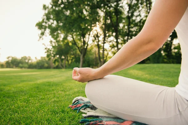 Femme relaxante dans la nature au coucher du soleil — Photo