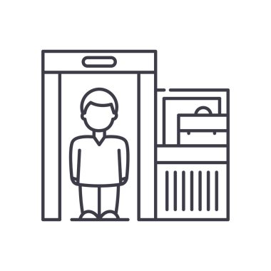 Havaalanı güvenlik simgesi, doğrusal izole edilmiş illüstrasyon, ince çizgi vektörü, web tasarım işareti, düzenlenebilir beyaz arkaplan üzerinde çizgi konsept sembolü.