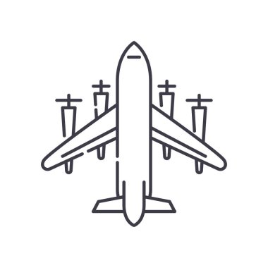 Uçak simgesi, doğrusal izole edilmiş illüstrasyon, ince çizgi vektörü, web tasarım işareti, düzenlenebilir beyaz arkaplan üzerinde çizgi konsept sembolü.