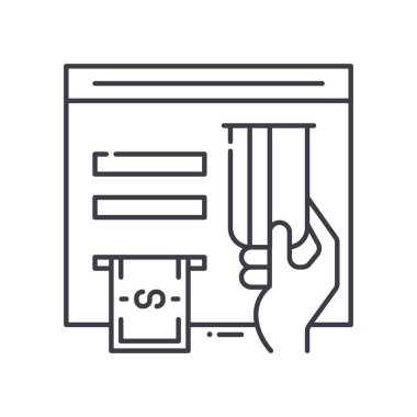 Atm simgesi, doğrusal izole edilmiş illüstrasyon, ince çizgi vektörü, web tasarım işareti, düzenlenebilir beyaz arkaplan üzerinde çizgi konsept sembolü.