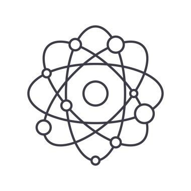 Atom simgesi, doğrusal izole edilmiş illüstrasyon, ince çizgi vektörü, web tasarım işareti, düzenlenebilir beyaz arkaplan üzerinde çizgi konsept sembolü.