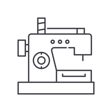 Dikiş makinesi depolama simgesi, doğrusal izole resimleme, ince çizgi vektörü, web tasarım işareti, düzenlenebilir çizgi konsept sembolü beyaz arkaplan üzerinde.