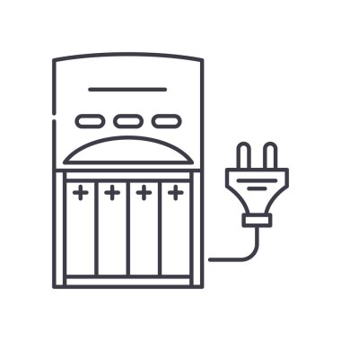 Batarya şarj konsepti simgesi, doğrusal izole çizim, ince çizgi vektörü, web tasarım işareti, düzenlenebilir konsept sembolü beyaz arkaplan üzerinde.