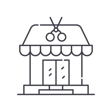 Berber dükkanı konsepti ikonu, doğrusal izole edilmiş illüstrasyon, ince çizgi vektörü, web tasarım işareti, düzenlenebilir beyaz arkaplan üzerinde çizgi konsept sembolü.