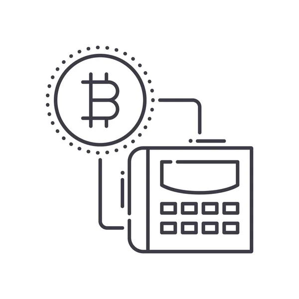 Bitcoin calculator pictogram, lineaire geïsoleerde illustratie, dunne lijn vector, web design teken, schets concept symbool met bewerkbare slag op witte achtergrond. — Stockvector