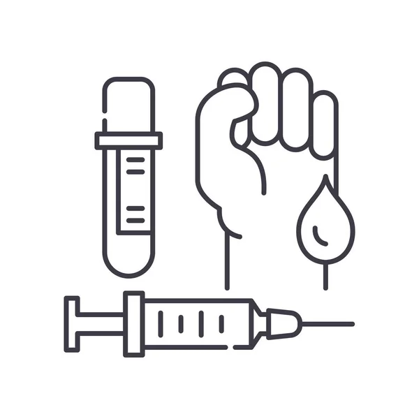 Icône de recherche de test sanguin, illustration linéaire isolée, vecteur de ligne mince, signe de conception de Web, symbole de concept de contour avec course modifiable sur fond blanc. — Image vectorielle