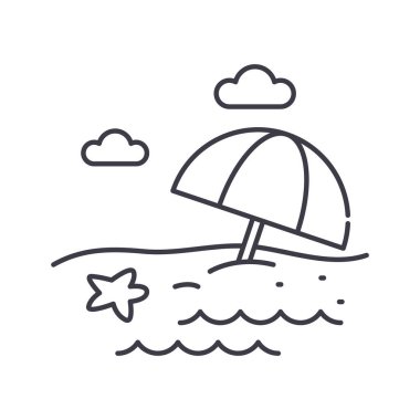 Plaj simgesi, doğrusal izole edilmiş illüstrasyon, ince çizgi vektörü, web tasarım işareti, düzenlenebilir konsept sembolü beyaz arkaplan üzerinde.