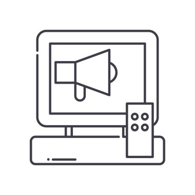 Yayınlanan medya pazarlama simgesi, doğrusal izole edilmiş illüstrasyon, ince çizgi vektörü, web tasarım işareti, düzenlenebilir konsept sembolü beyaz arkaplan üzerinde.