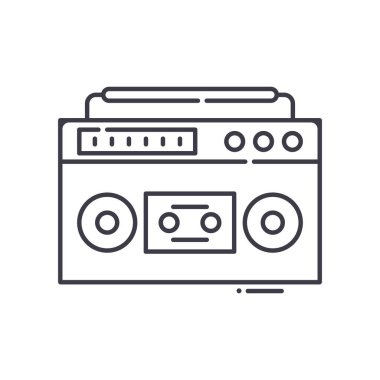 Boombox konsept simgesi, doğrusal izole çizim, ince çizgi vektörü, web tasarım işareti, düzenlenebilir konsept sembolü beyaz arkaplan üzerinde.