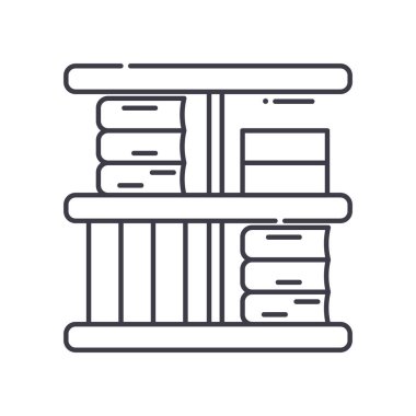 Kitaplık simgesi, doğrusal izole resimleme, ince çizgi vektörü, web tasarım işareti, düzenlenebilir çizgi konsept sembolü beyaz arkaplan üzerinde.