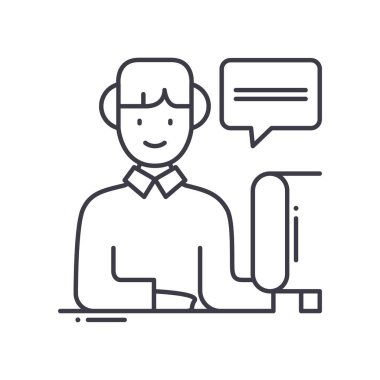 Çağrı merkezi fikir simgesi, doğrusal izole edilmiş illüstrasyon, ince çizgi vektörü, web tasarım işareti, düzenlenebilir beyaz arkaplan üzerinde çizgi konsept sembolü.