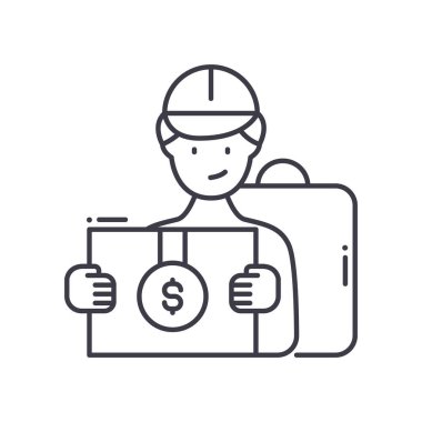 Dağıtım simgesi üzerine nakit, doğrusal izole çizim, ince çizgi vektörü, web tasarım işareti, düzenlenebilir konsept sembolü beyaz arkaplan üzerinde.