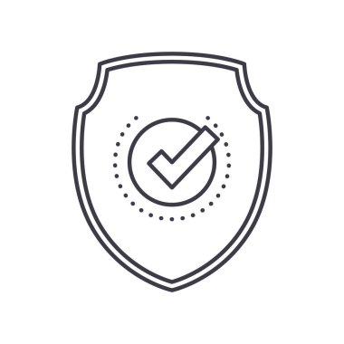 Kalkan koruma simgesi, doğrusal izole resimleme, ince çizgi vektörü, web tasarım işareti, düzenlenebilir çizgi konsept sembolü beyaz arkaplan üzerinde.