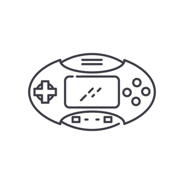 Taşınabilir oyun konsepti simgesi, doğrusal izole resimleme, ince çizgi vektörü, web tasarım işareti, düzenlenebilir konsept sembolü beyaz arkaplan üzerinde..