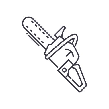 Elektrikli testere konsepti simgesi, doğrusal izole çizim, ince çizgi vektörü, web tasarım işareti, düzenlenebilir konsept sembolü beyaz arkaplan üzerinde..