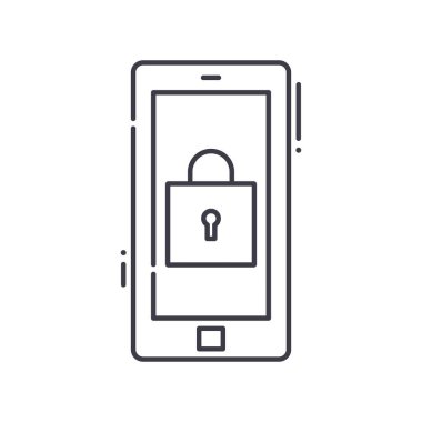 Akıllı telefon koruma simgesi, doğrusal izole edilmiş illüstrasyon, ince çizgi vektörü, web tasarım işareti, düzenlenebilir konsept sembolü beyaz arkaplan üzerinde.