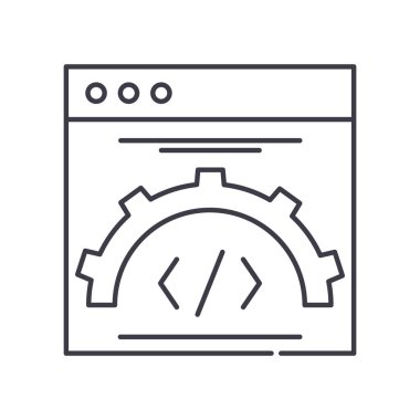 Programlama simgesi, doğrusal izole edilmiş illüstrasyon, ince çizgi vektörü, web tasarım işareti, düzenlenebilir beyaz arkaplan üzerinde çizgi konsept sembolü.